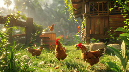 Happy chickens exploring a spacious yard filled with grass and vegetation, enjoying their free-range lifestyleの素材