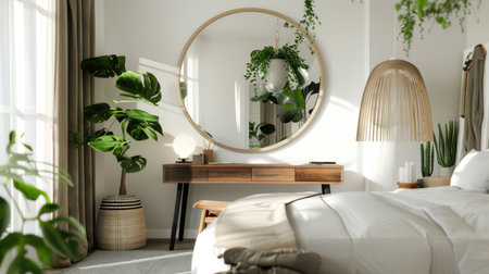 Monochrome bedroom decor with a big mirror, minimalist dressing table, green plant, and wooden stool, in a black and white scheme.の素材