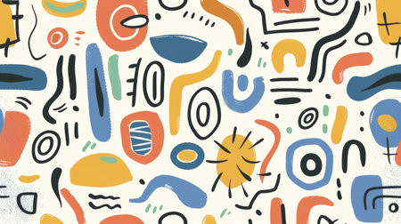 Lighthearted colorful line doodle seamless composition with basic shapes, perfect for youngsters or chic design. Artistic minimalist style backdropの素材