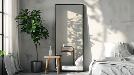 Monochrome bedroom decor with a big mirror, minimalist dressing table, green plant, and wooden stool, in a black and white scheme.の素材