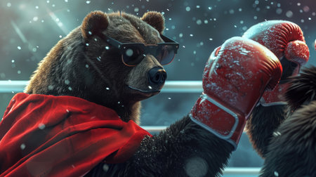A dynamic action shot of a bear in black sunglasses, a red cape, and boxing gloves, mid-fight with an opponentの素材