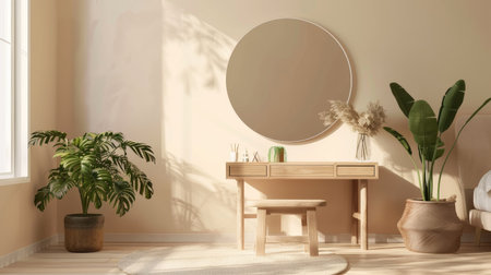 Minimalist bedroom setup with a big mirror, stylish dressing table, green plant, and wooden stool, all in a monochrome color schemeの素材