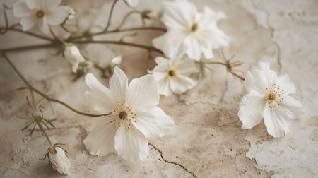 White flowers on a pastel floor, offering a peaceful and elegant composition with ample space for text.の素材