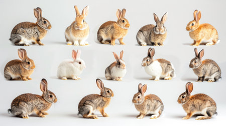 An array of rabbits displaying natural behaviors, from grooming to exploring, on a pure white background.の素材