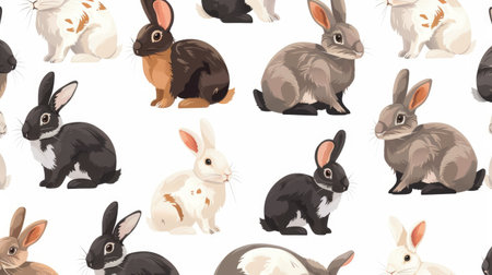 A variety of rabbits in different poses, sitting, standing, and sniffing, on a seamless white backdropの素材