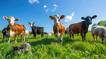 A diverse group of livestock including cows, sheep, and goats grazing peacefully in a green pasture under a clear blue sky.の素材