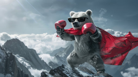 A bear with black sunglasses, a red cape, and boxing gloves, standing triumphantly on a mountain peak.の素材