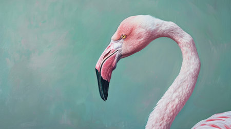 Close-up of a flamingo's head and neck, showcasing its delicate features, with a pastel green backgroundの素材