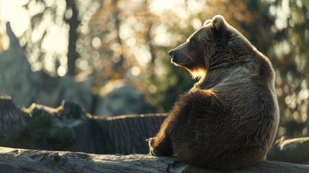 A bear sitting on a large log, seemingly lost in thought as it gazes into the distanceの素材
