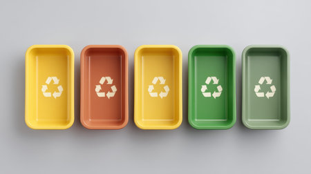 A vibrant array of recycling bins set against a light gray backdrop, illustrating the importance of waste separation for a sustainable future and environmental awareness.の素材