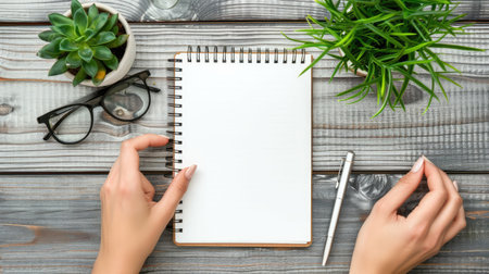 Top view of a clean office desk with a blank notepadの素材