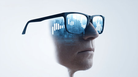 A conceptual stock image featuring a man in glasses, with reflections of digital data and financial charts. Perfect for finance and technology themes in creative projects.の素材