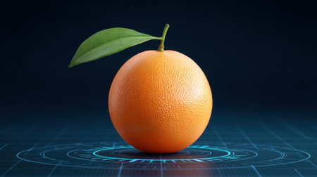 A vibrant orange fruit sits centered on a dark background, showcasing its natural texture and freshness while incorporating digital elements for a modern touch.の素材