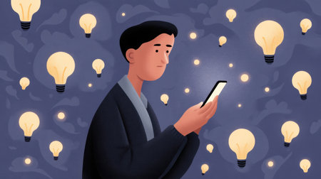 A thoughtful man is holding a smartphone, surrounded by glowing lightbulbs representing creativity and inspiration. This modern design captures innovation and motivation.の素材
