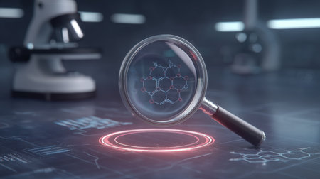 Explore a captivating macro view of a chemical structure through a magnifying glass in a modern laboratory, showcasing advanced technology and scientific exploration.の素材