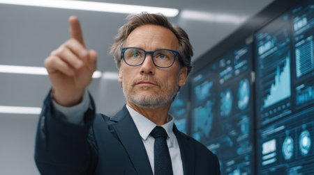 A mature businessman presents data insights in a sleek office filled with interactive screens. His confident demeanor reflects expertise in corporate strategy and innovation.の素材