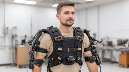 A man demonstrates a cutting-edge robotic exoskeleton designed to enhance human strength and mobility, showcasing advanced technology in a clinical setting.の素材
