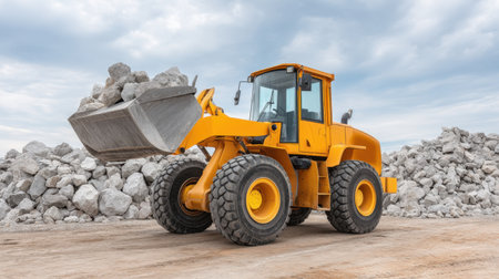 A vibrant yellow loader machine skillfully loading rocks at a construction site, set against a backdrop of a cloudy sky and a large stone pile. Perfect for industrial themes.の素材