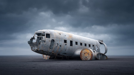 An abandoned airplane wreck rests on a desolate landscape beneath a dramatic overcast sky. The scene evokes feelings of mystery and solitude in a forgotten environment.の素材