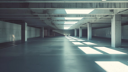 Empty underground parking space in a modern building, sunlight filters through skylight portals, casting a warm glow on concrete white wallsの素材