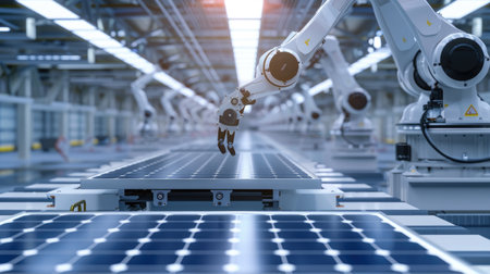 Advanced robotic arms in a state-of-the-art factory, assembling solar panels for renewable energy solutionsの素材