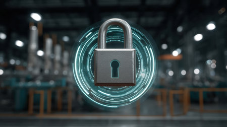 This image features a digital lock symbolizing security and protection in an industrial environment, emphasizing modern technology and innovative design elements.の素材