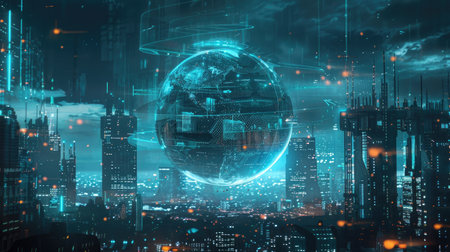 A high-tech globe in the heart of a bustling city, representing the fusion of technology and urban life.の素材