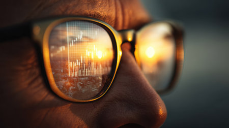 A close-up of a person's eye wearing sunglasses with reflections of financial graphs and a sunset over a cityscape, embodying the themes of investment and strategy.の素材