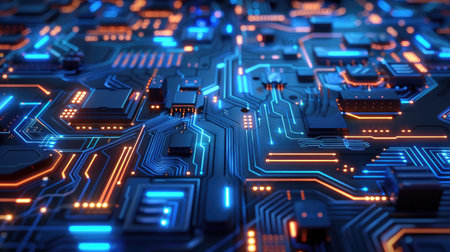 3D abstract digital circuit design in blue, with glowing pathways and chip patterns, representing technological innovationの素材