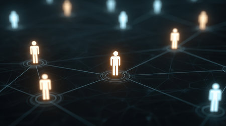 This image illustrates a digital network with glowing figures that represent individual users, showcasing connections and interactions in a modern virtual environment.の素材
