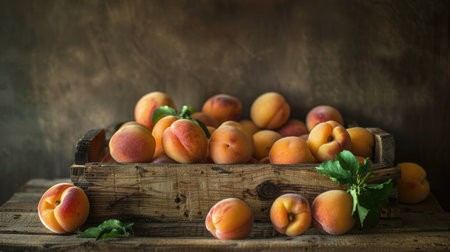 Sumptuous apricot fruits arranged in a rustic setting on a wooden surface, capturing the essence of orchard-fresh delight and natural abundanceの素材
