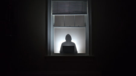 A striking image of a hooded figure illuminated by a laptop glow, casting a mysterious silhouette against a dark window in a quiet room at night.の素材