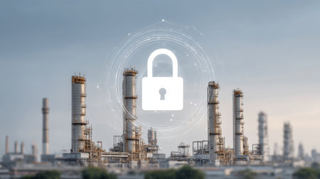 A digital padlock symbol overlays an industrial landscape featuring oil refining towers, illustrating the importance of security in manufacturing and technology.の素材