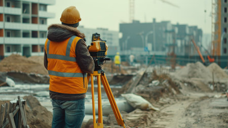 At the construction site, a surveyor employs theodolite equipment for precise outdoor surveying tasks, ensuring accuracy in the workの素材