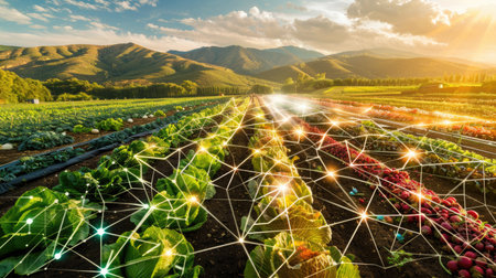 Fields of vegetables with digital data points hovering, representing blockchain technology used for monitoring the agricultural supply chainの素材