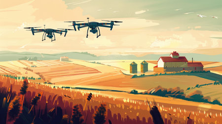 Illustration of drones flying over farmland, symbolizing the evolution of agriculture through the adoption of new technological advancementsの素材