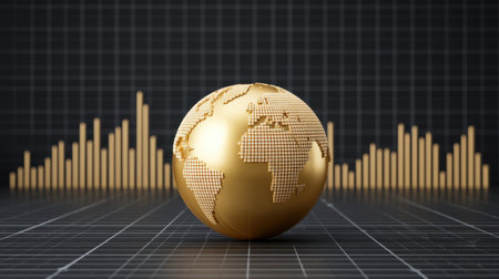 A striking golden globe with a world map design sits against a dark background, symbolizing financial growth and global data analysis in today digital economy.の素材