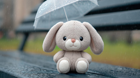A charming plush bunny sits under a small umbrella, surrounded by rain on a bench. Its soft texture and adorable features evoke feelings of comfort and nostalgia.の素材