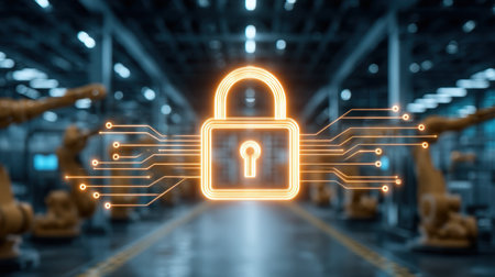 A conceptual image showcasing a digital padlock in a modern manufacturing environment, emphasizing the importance of security and data protection in automation.の素材