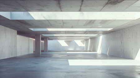 An empty underground parking garage in a modern building, sunlight pours through ceiling skylights, highlighting the concrete white wallsの素材