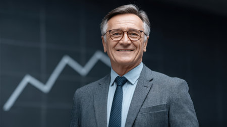 Professional senior executive stands confidently in a business suit, exuding warmth and positivity against a backdrop of financial growth graphs, symbolizing success.の素材