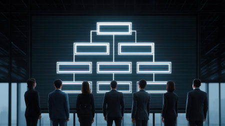 A focused business team observes a digital display of an organizational chart in a modern office. The silhouette captures the essence of professional collaboration and strategic planning.の素材