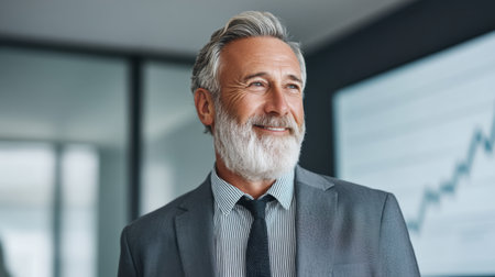 A confident businessman with a gray beard and suit smiles in a modern office setting. The background features graphs, symbolizing growth, professionalism, and success.の素材