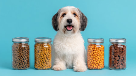 A charming small dog sits happily between jars filled with various types of pet food, emphasizing the importance of healthy nutrition for pets in an appealing setting.の素材