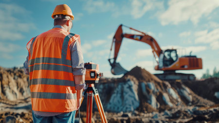 Civil engineer at a construction site with theodolite, heavy excavator in the background, blending industrial and natural elementsの素材