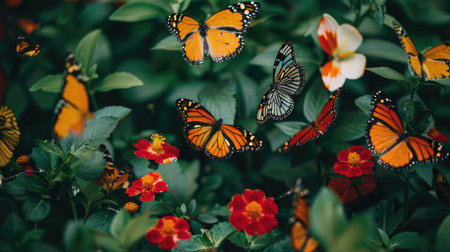 Butterflies in a colorful garden, symbolizing the journey of mental health from struggle to freedom and positivity.の素材