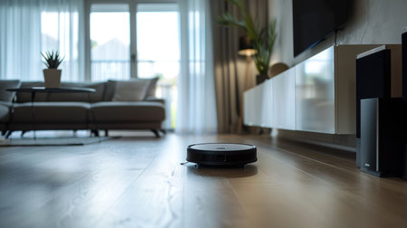 A stylish apartment: A modern autonomous vacuum cleaner works silently, keeping the living room floor spotless and tidyの素材