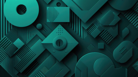 Abstract geometric background in dark teal, featuring a variety of shapes and shades for a dynamic bannerの素材