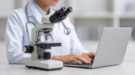A scientist operates a microscope while using a laptop in a modern laboratory, illustrating the integration of technology in research and medical analysis.の素材