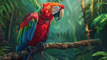 Colorful macaw perched on a branch, its vibrant feathers contrasting with the green foliage.の素材